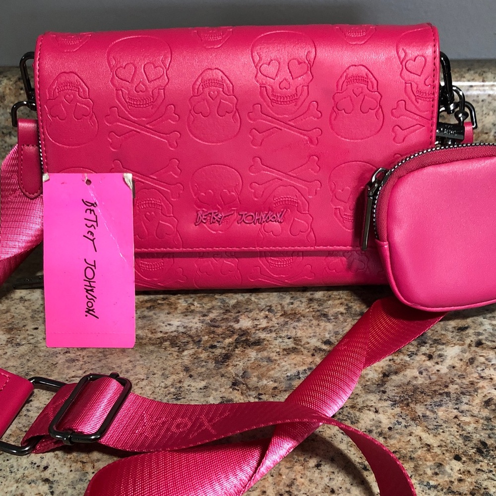 Betsey Johnson Bright Pink Embossed Skull Crossbody with Pouch